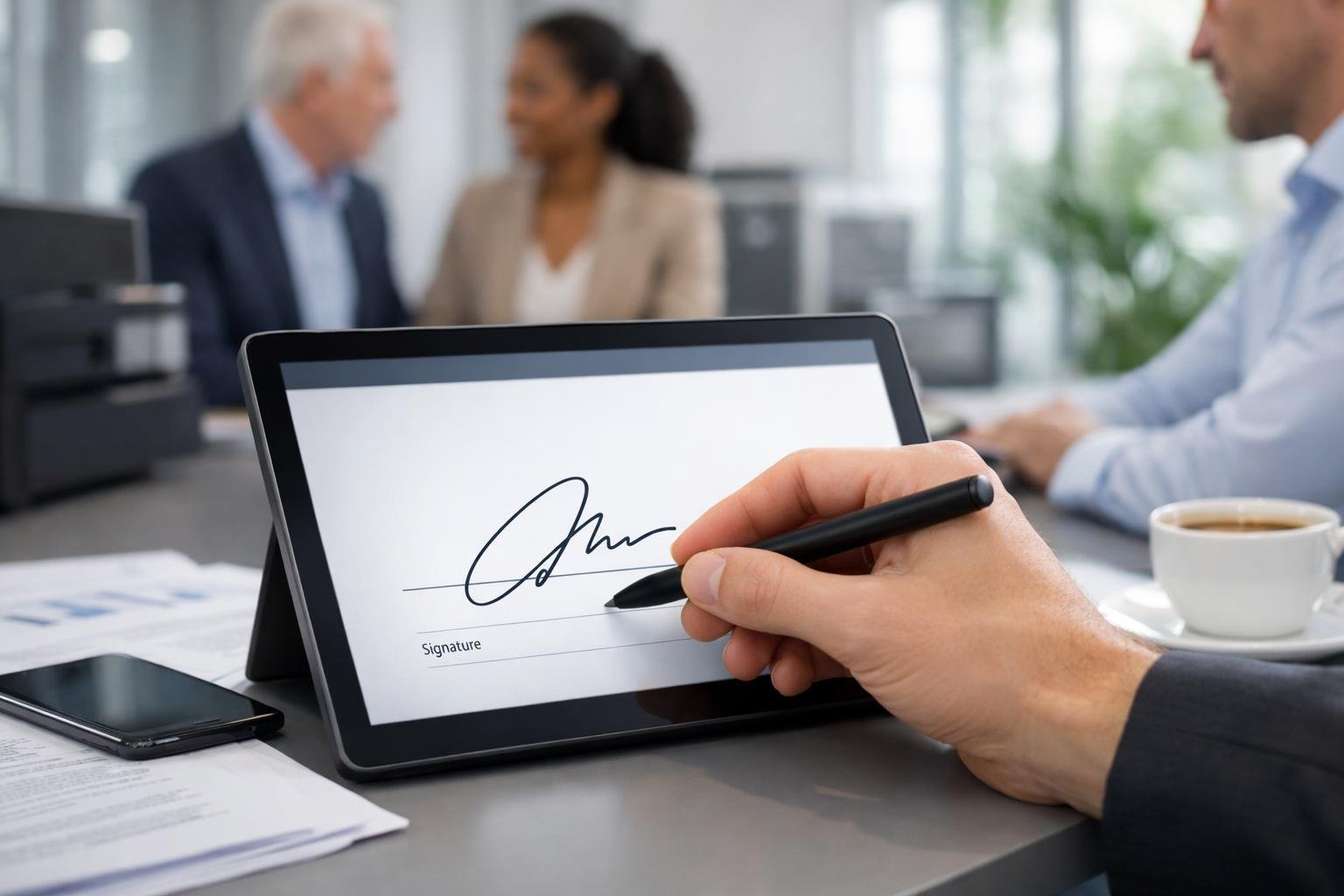 Des professionnels en bureau utilisent un appareil numérique pour signer électroniquement un document.
