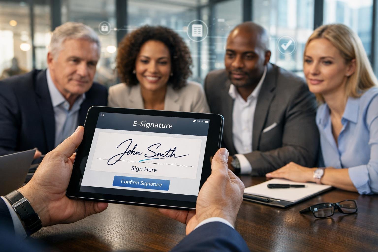 Des professionnels en réunion autour d'une table de conférence utilisant une tablette pour une signature électronique dans un bureau moderne.