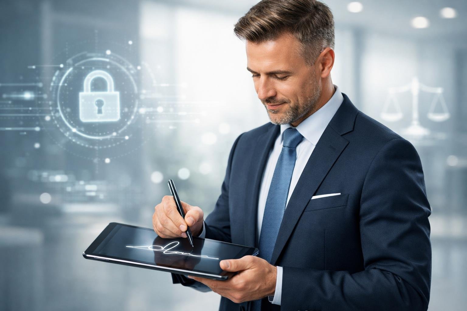Un professionnel en bureau moderne utilise une tablette tactile pour une signature électronique sécurisée, avec des éléments visuels évoquant la sécurité et la conformité.