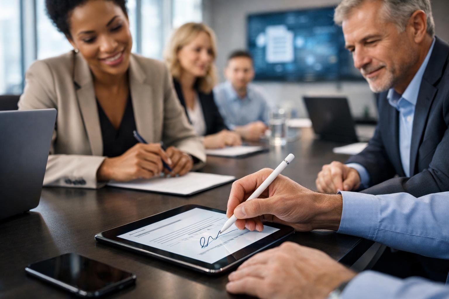 Des professionnels en réunion dans un bureau moderne, une personne signe un document électronique sur une tablette pendant que les autres discutent.