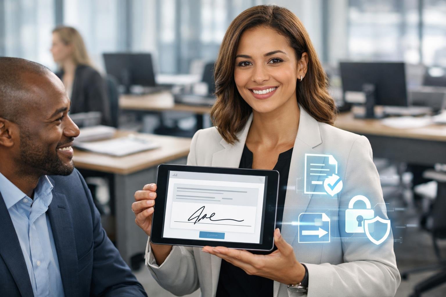 Des professionnels en bureau moderne utilisant une tablette pour signer électroniquement un document, avec des collègues observant et un environnement de travail organisé en arrière-plan.
