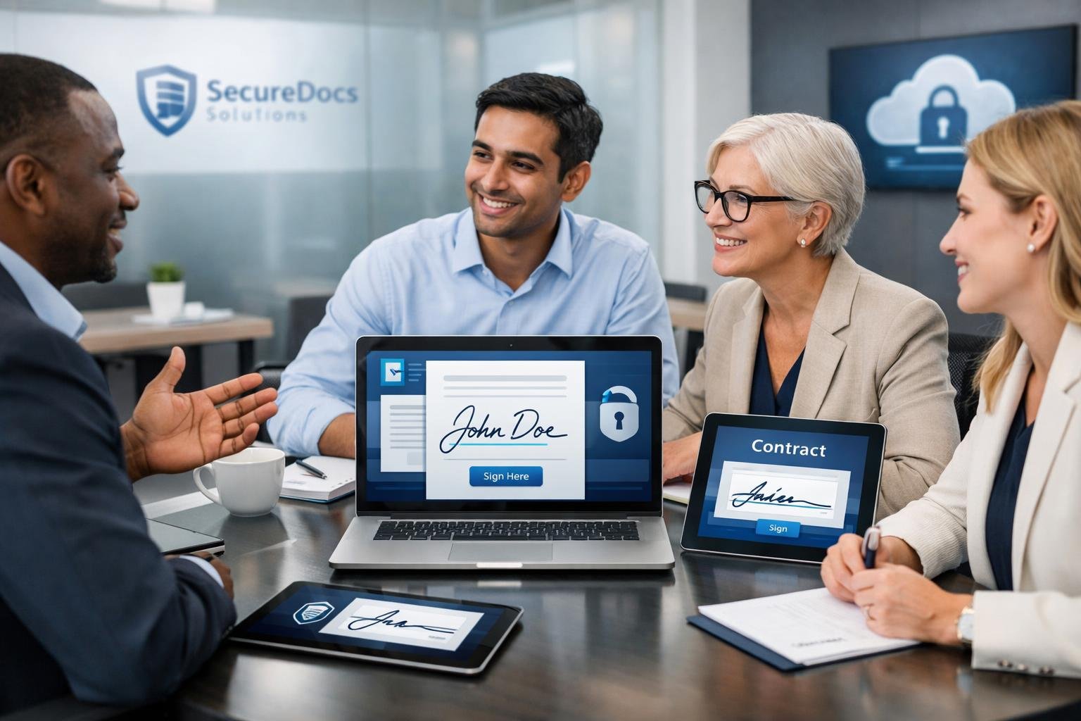 Des professionnels en réunion autour d'une table de conférence avec des appareils numériques affichant des interfaces de signature électronique.