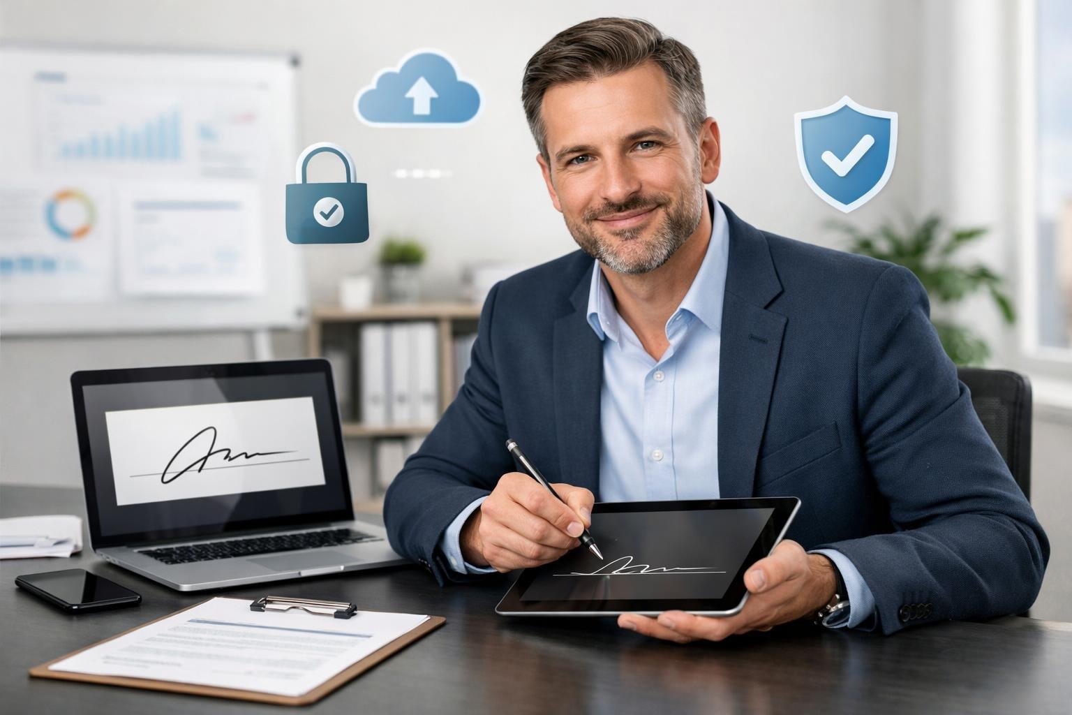 Un professionnel assis à un bureau moderne utilisant des appareils numériques pour une signature électronique dans un environnement de bureau lumineux.