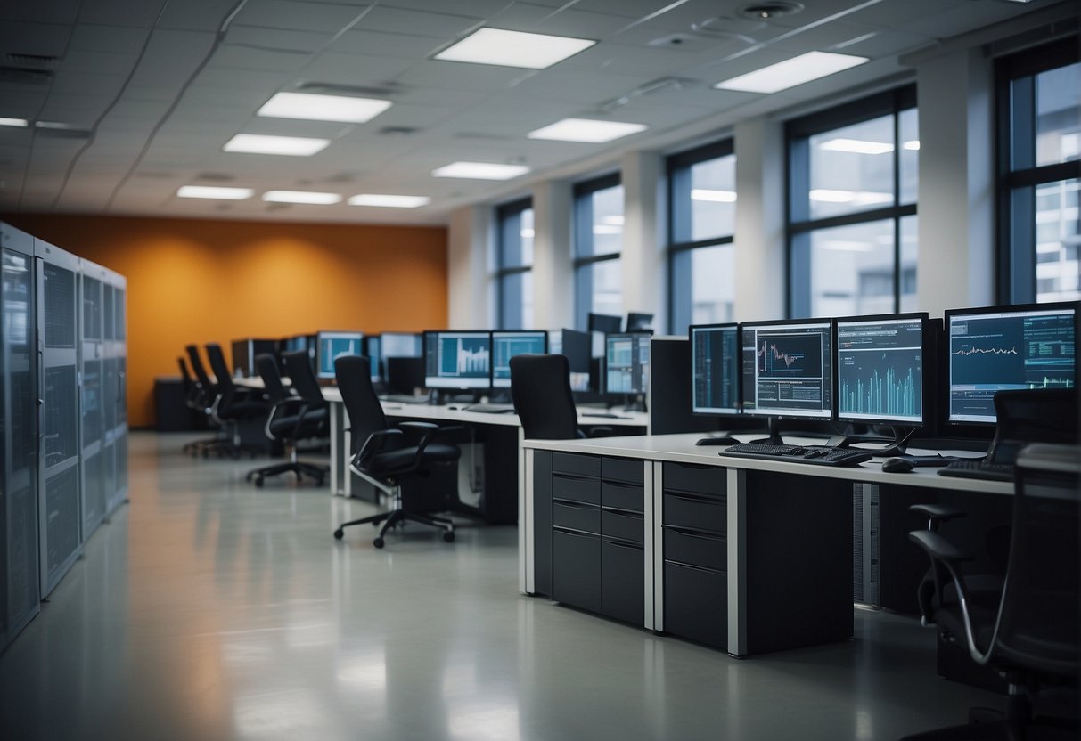 A high-tech office setting with computer servers and electronic signature technology by Cryptolog International