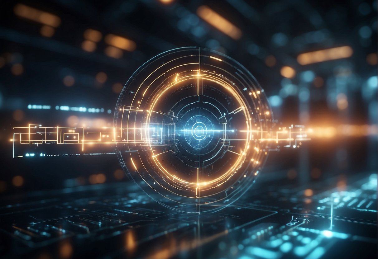 A glowing digital signature symbol hovers above a secure network, surrounded by futuristic technology