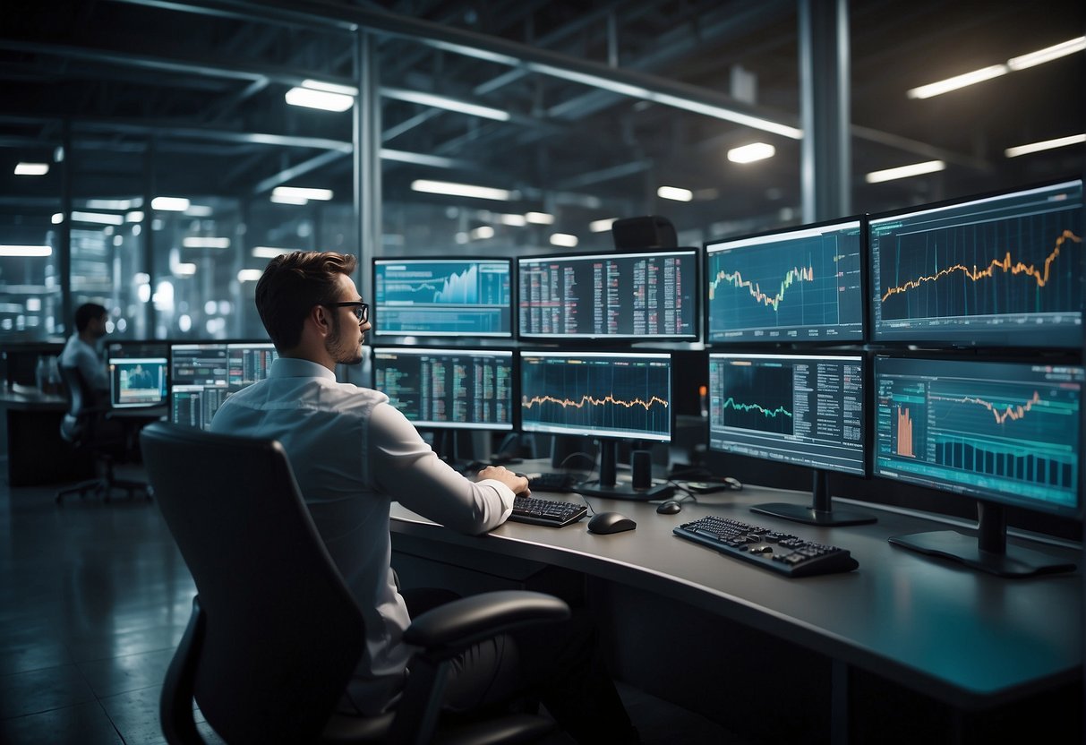 A busy industrial setting with financial data displayed on screens, showing ROI analysis for successful bids