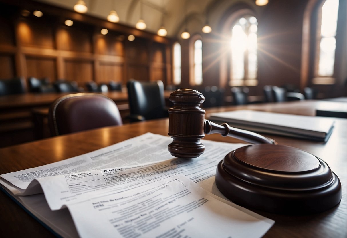 A courtroom with legal documents and regulations, showing trends in public markets