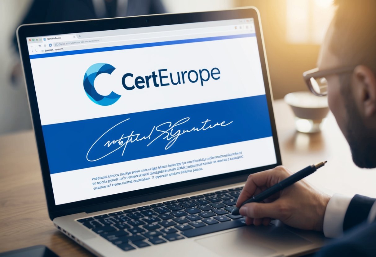 Un écran d'ordinateur affichant le logo CertEurope et une signature numérique étant appliquée à un document
