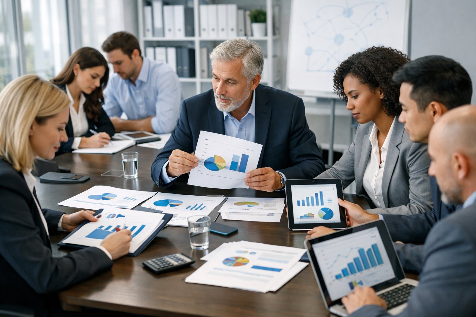 Des professionnels en réunion autour d'une table de conférence, examinant des documents et des graphiques dans un bureau lumineux.