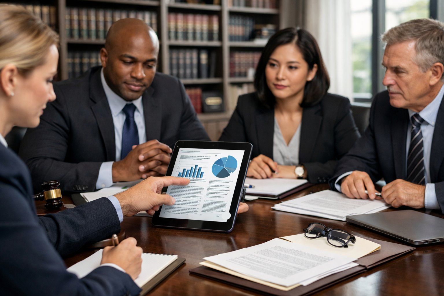 Des professionnels en réunion autour d'une table avec des documents et des ordinateurs, discutant de questions juridiques dans un bureau moderne.