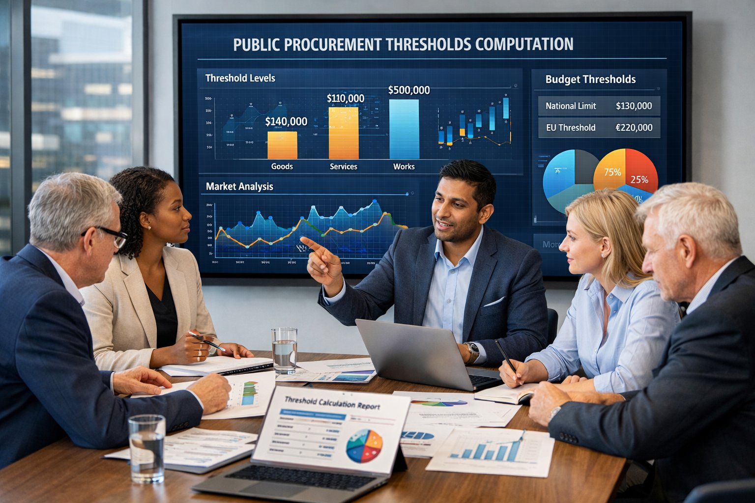 Des professionnels en réunion autour d'une table de conférence avec des ordinateurs portables et des graphiques financiers, discutant de données liées aux marchés publics.