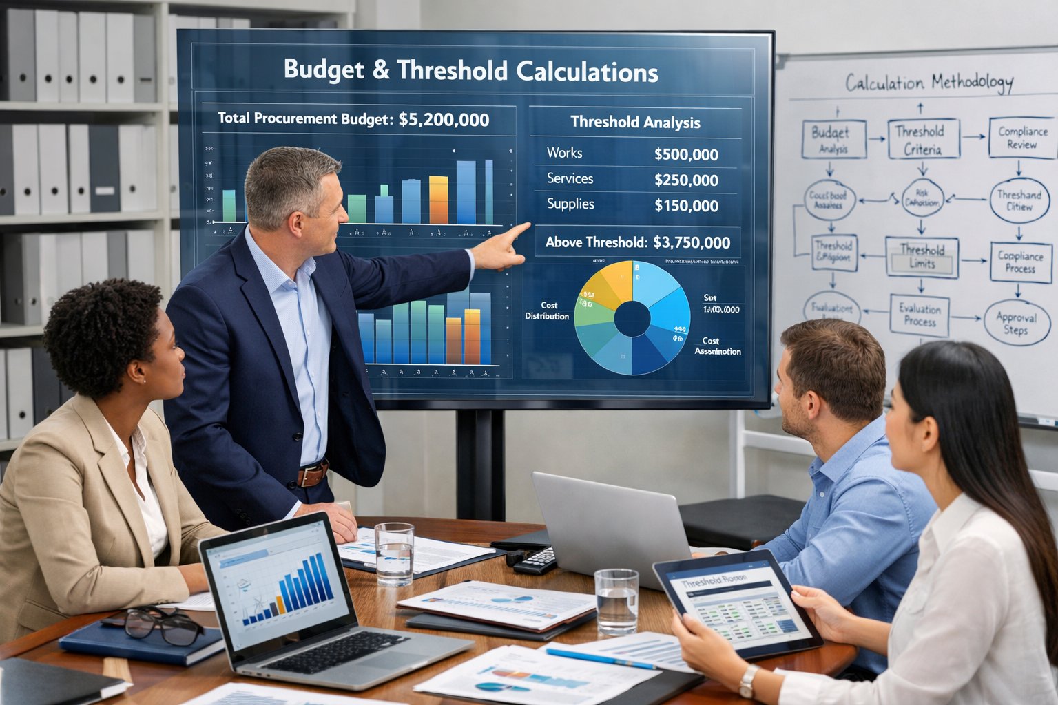 Des professionnels en réunion autour d'une table avec des ordinateurs et des graphiques, analysant des données financières dans un bureau moderne.