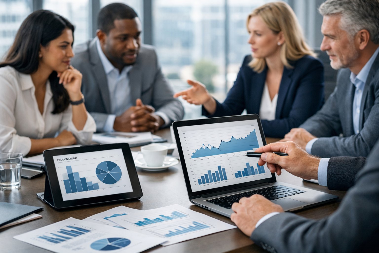Un groupe de professionnels en réunion autour d'une table de conférence analysant des graphiques et des documents dans un bureau lumineux.