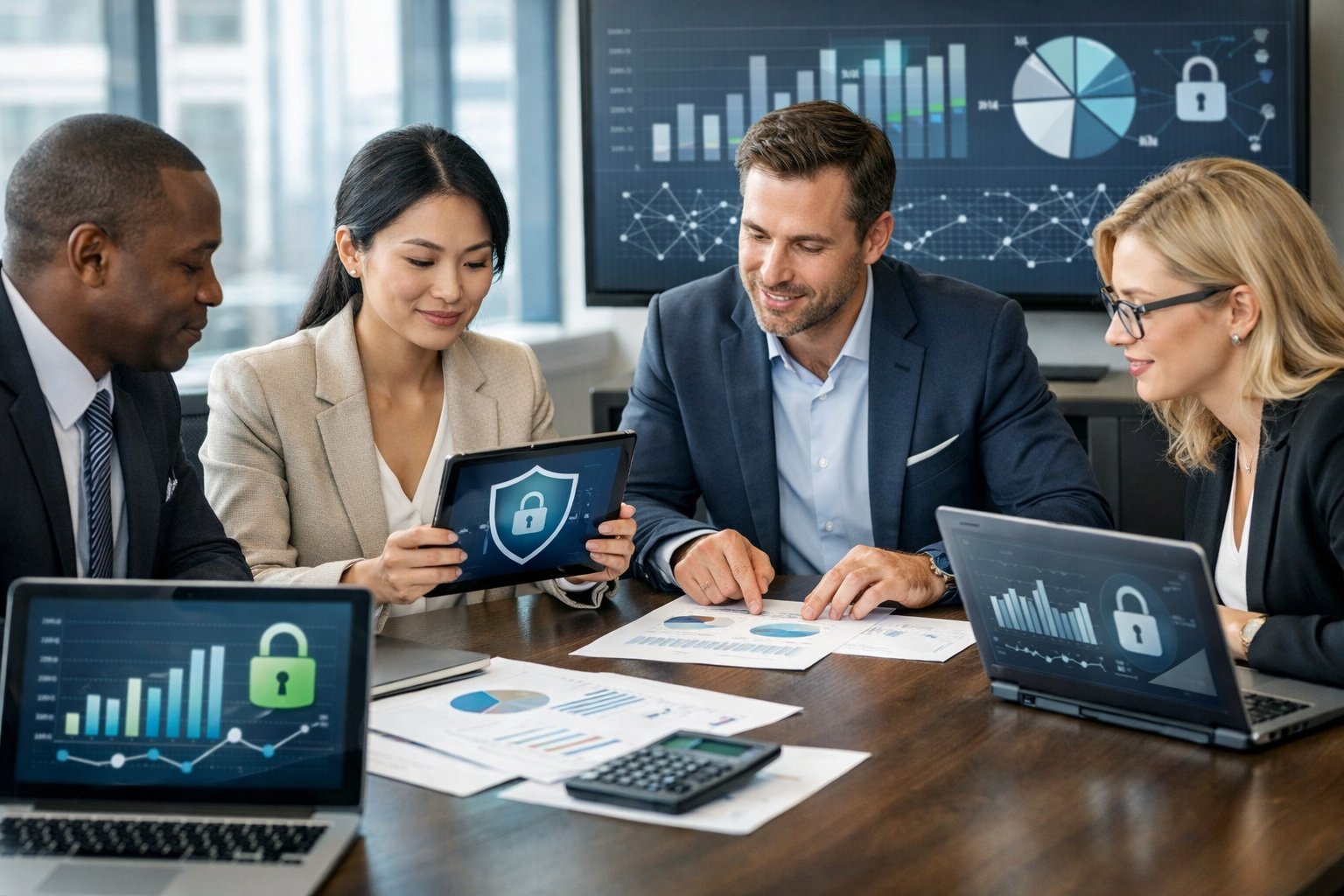 Un groupe de professionnels travaillant ensemble autour d'une table avec des ordinateurs et des documents dans une salle de conférence lumineuse.