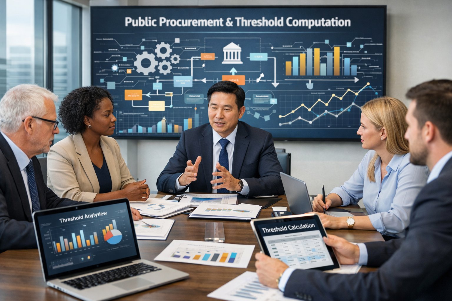 Un groupe de professionnels en réunion autour d'une table de conférence avec des graphiques et des données financières affichés sur des appareils électroniques dans un bureau moderne.