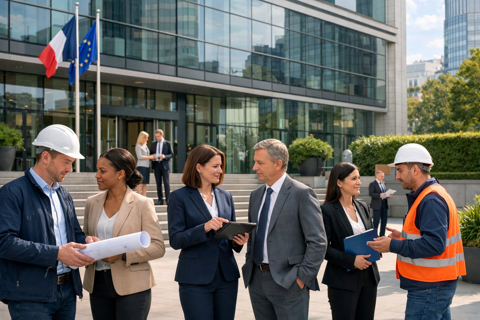 Des professionnels discutant devant un bâtiment moderne de bureaux gouvernementaux en milieu urbain.