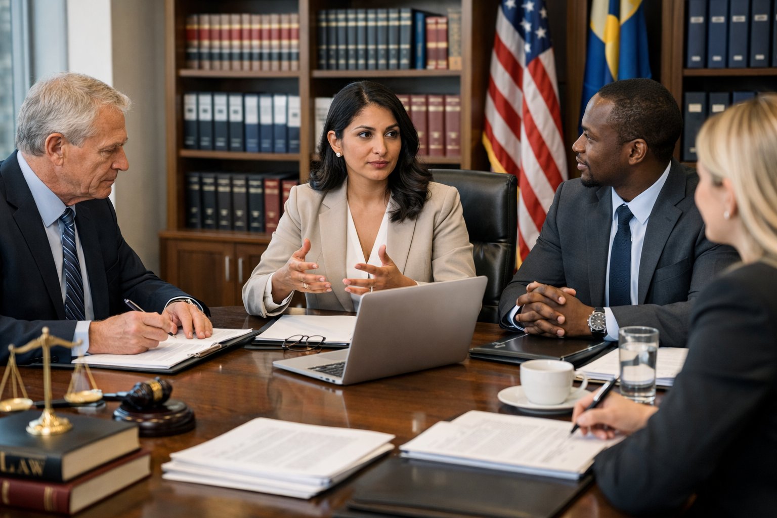 Un groupe de professionnels en réunion dans un bureau avec des documents et des livres de droit en arrière-plan.