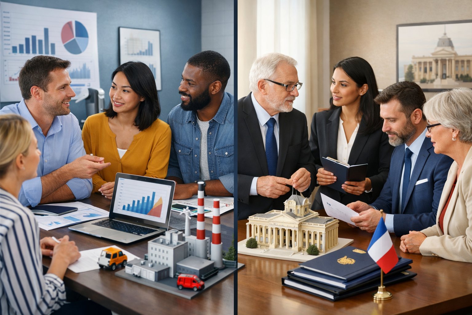 Deux groupes de professionnels discutant dans un bureau moderne, l'un représentant les établissements publics industriels et commerciaux, l'autre les établissements publics administratifs.