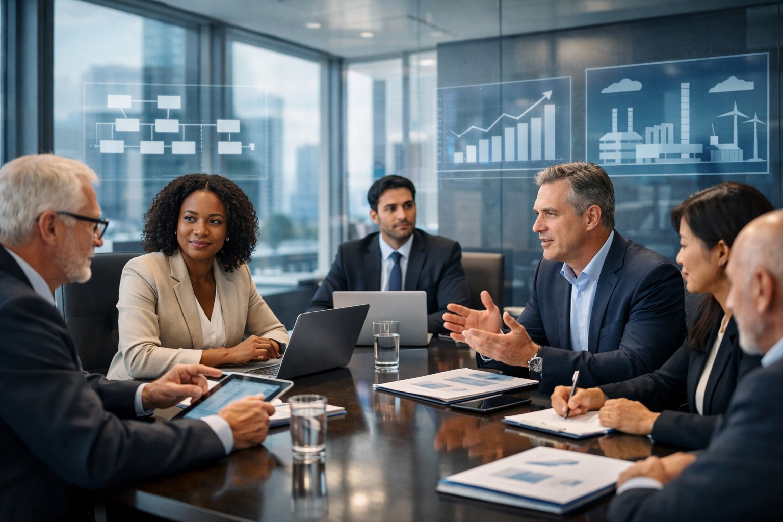 Un groupe de professionnels en réunion dans une salle de conférence moderne, discutant autour d'une table avec des documents et des appareils numériques, dans un bureau lumineux avec vue sur la ville.