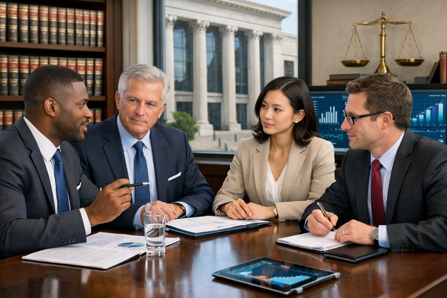 Un groupe de professionnels en réunion dans une salle de conférence moderne devant un bâtiment gouvernemental, discutant de questions juridiques et commerciales.