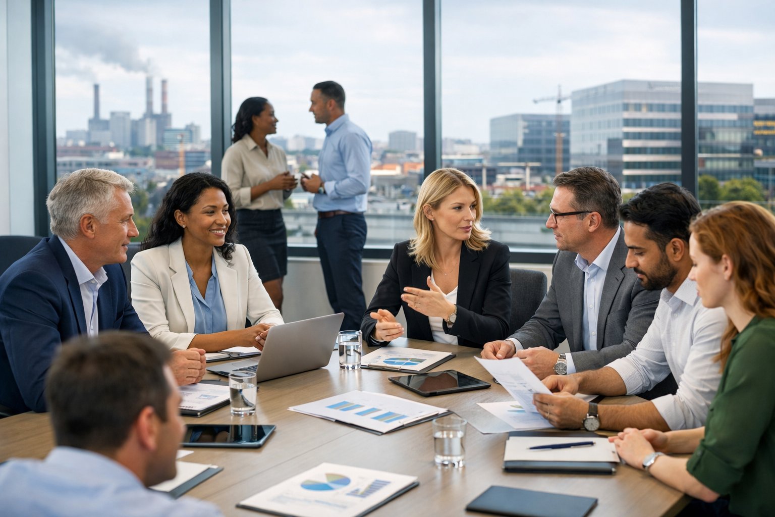 Des professionnels en réunion dans un bureau moderne avec une vue sur des bâtiments industriels et commerciaux en arrière-plan.