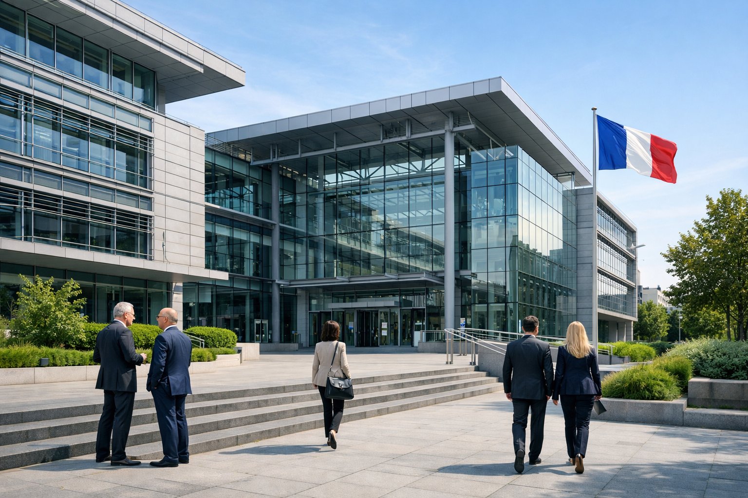 Bâtiment moderne d’un établissement public industriel et commercial en France avec des personnes en tenue professionnelle devant l’entrée.