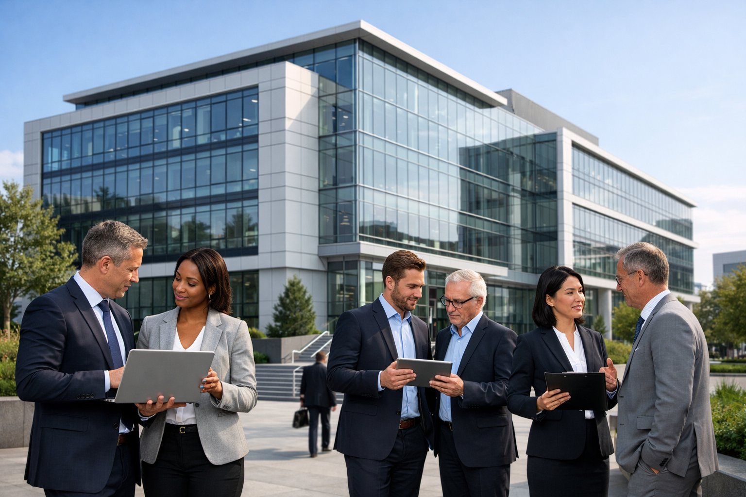Un bâtiment administratif moderne avec des professionnels en train de discuter à l'extérieur dans un environnement urbain.