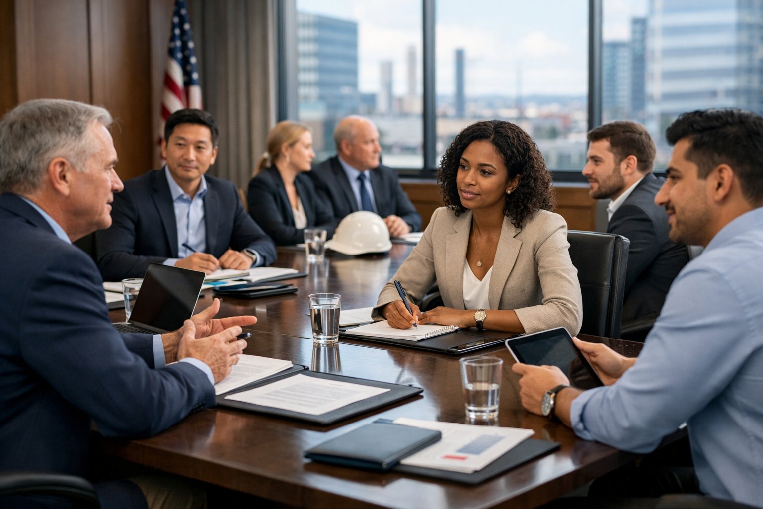 Un groupe de professionnels en réunion dans un bureau moderne avec une vue urbaine en arrière-plan.