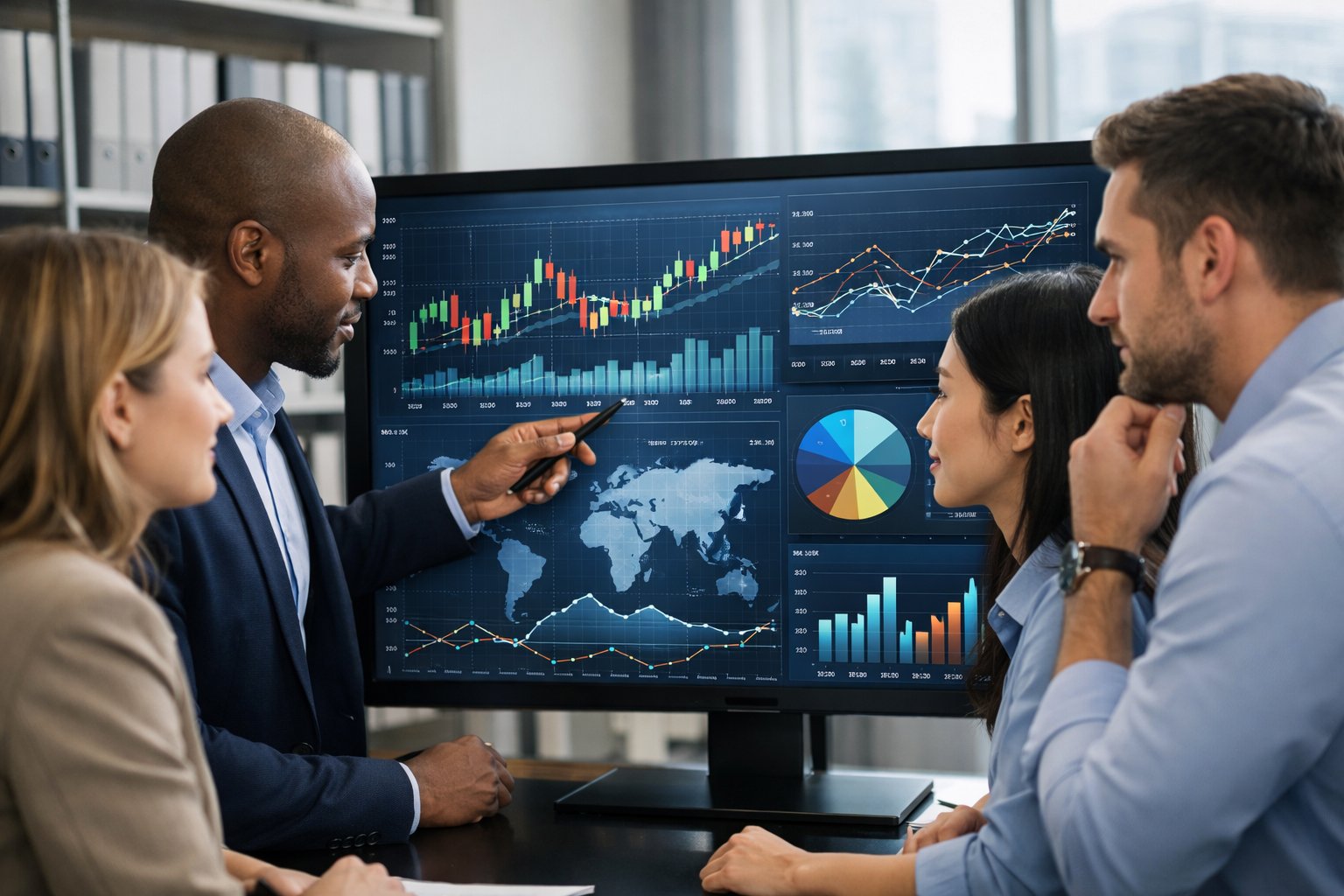 Des professionnels en réunion autour d'un écran numérique affichant des graphiques et des données financières dans un bureau moderne.