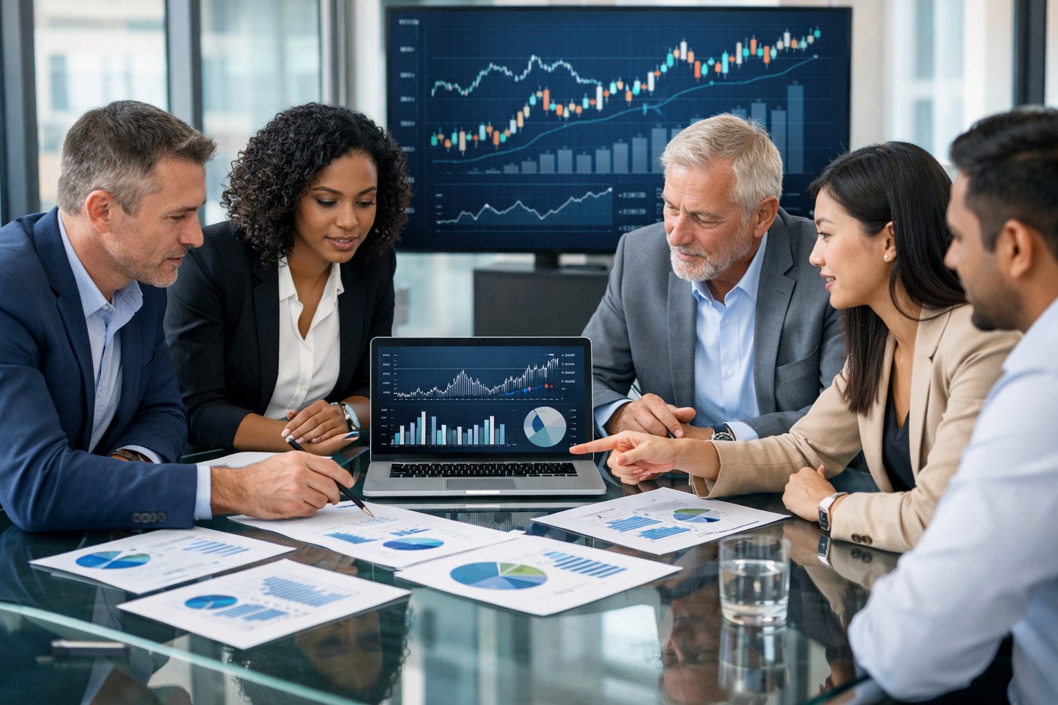 Un groupe de professionnels en réunion autour d'une table avec des graphiques financiers et un ordinateur portable dans un bureau lumineux.