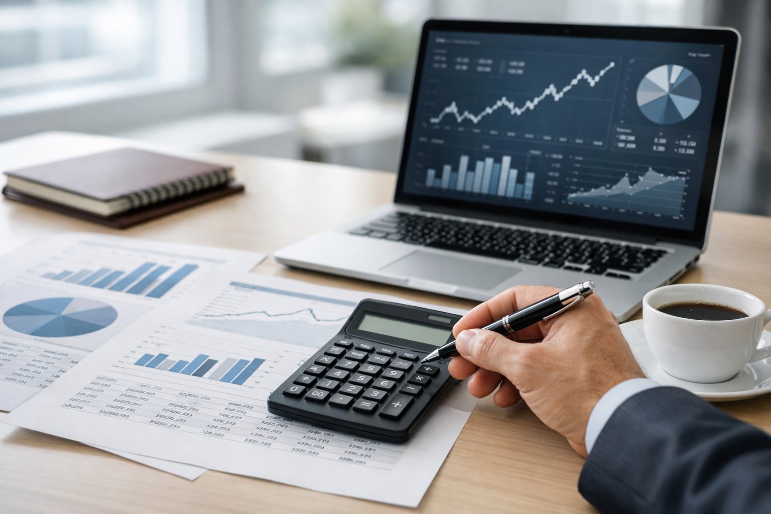 Un professionnel en bureau moderne calculant une révision de prix avec des graphiques financiers et une calculatrice.