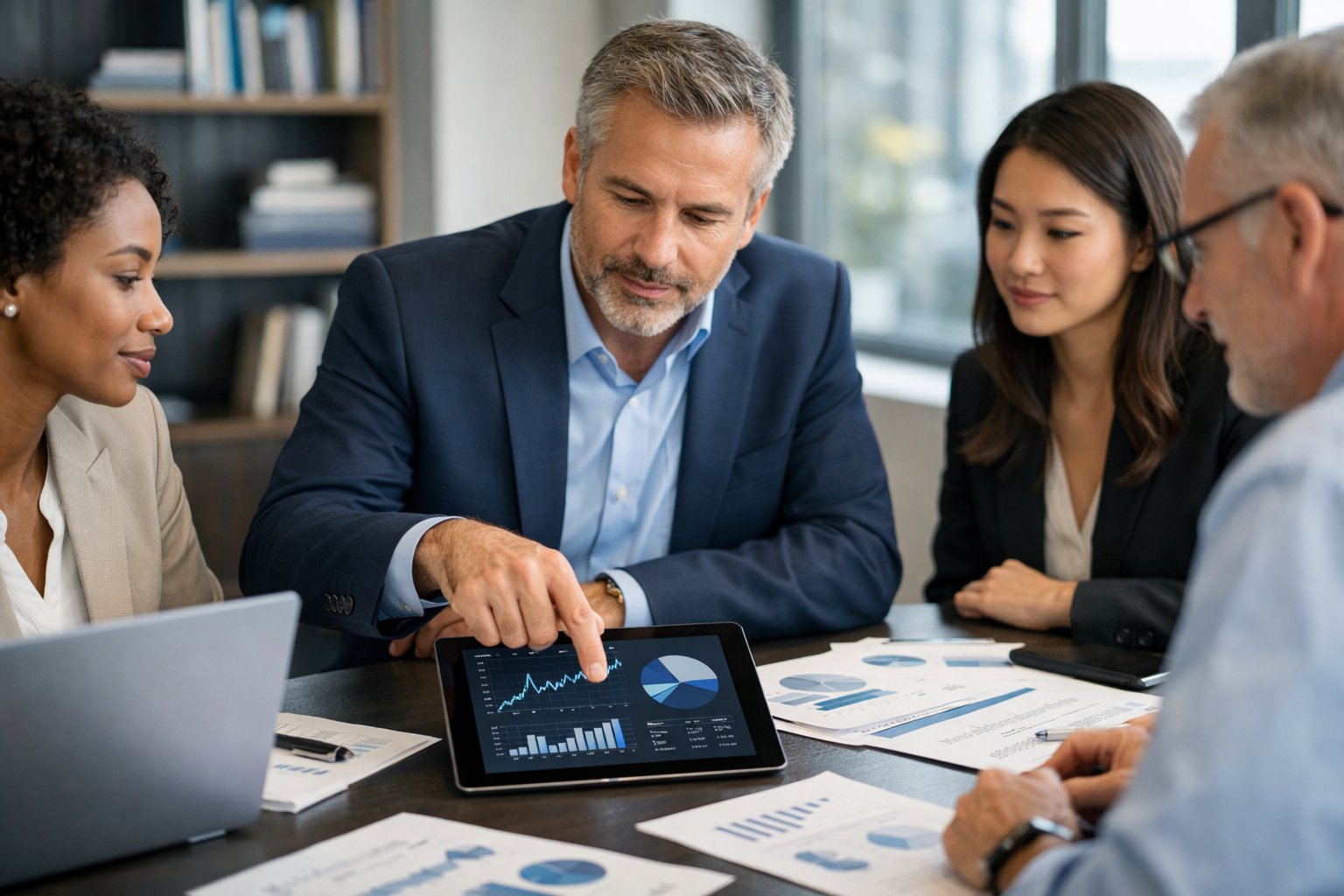 Des professionnels en réunion autour d'une table de conférence, discutant de documents et de graphiques liés à des contrats et à un indice financier.