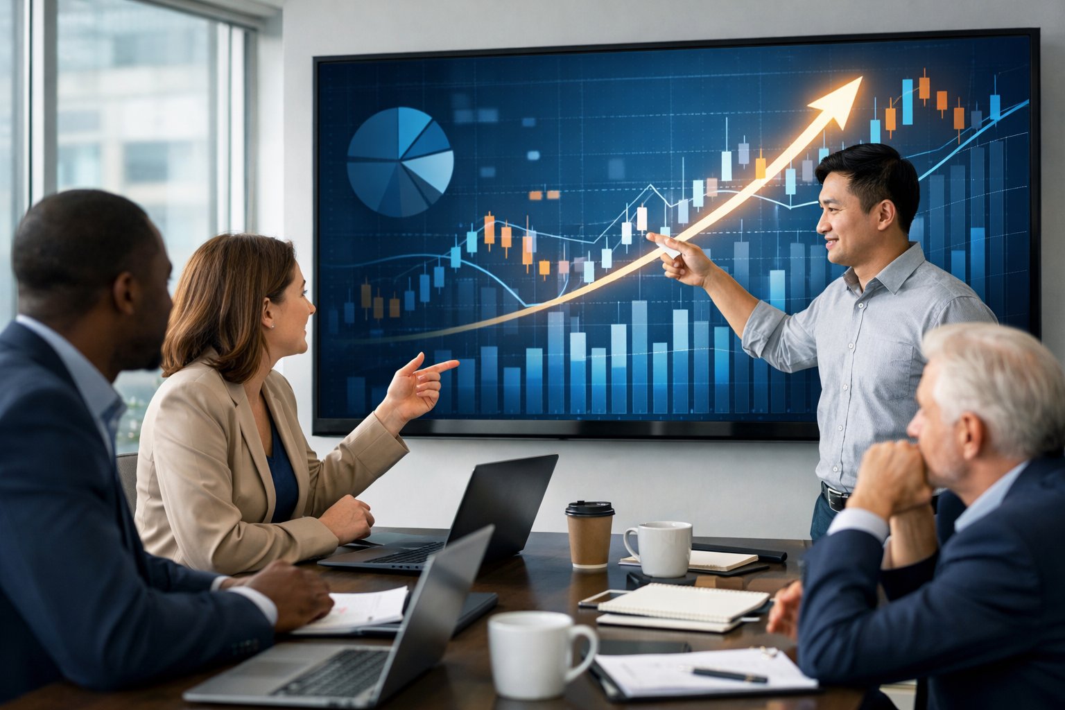 Des professionnels en réunion dans un bureau moderne, discutant devant un écran affichant des graphiques et des données.