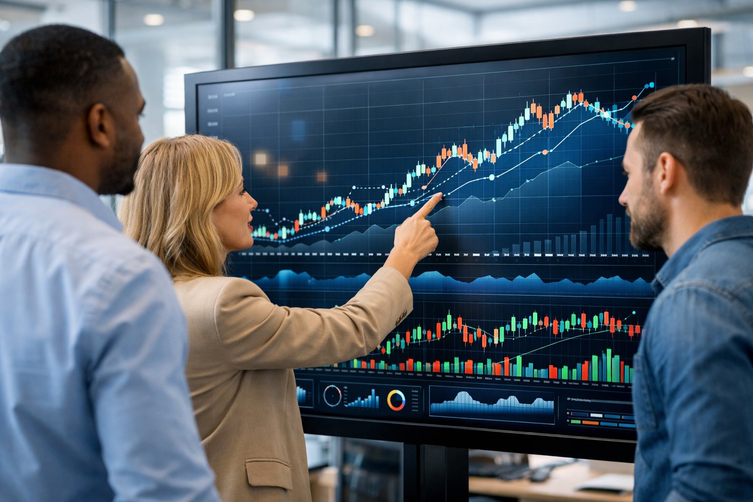 Des professionnels en réunion autour d'un écran tactile affichant des graphiques financiers dans un bureau moderne et lumineux.