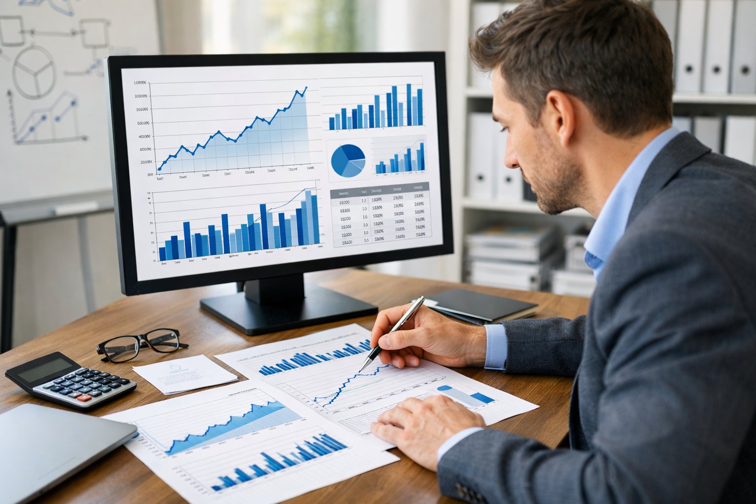 Une personne en tenue professionnelle examine des graphiques financiers sur un écran d'ordinateur dans un bureau moderne, avec des documents et des diagrammes sur le bureau.