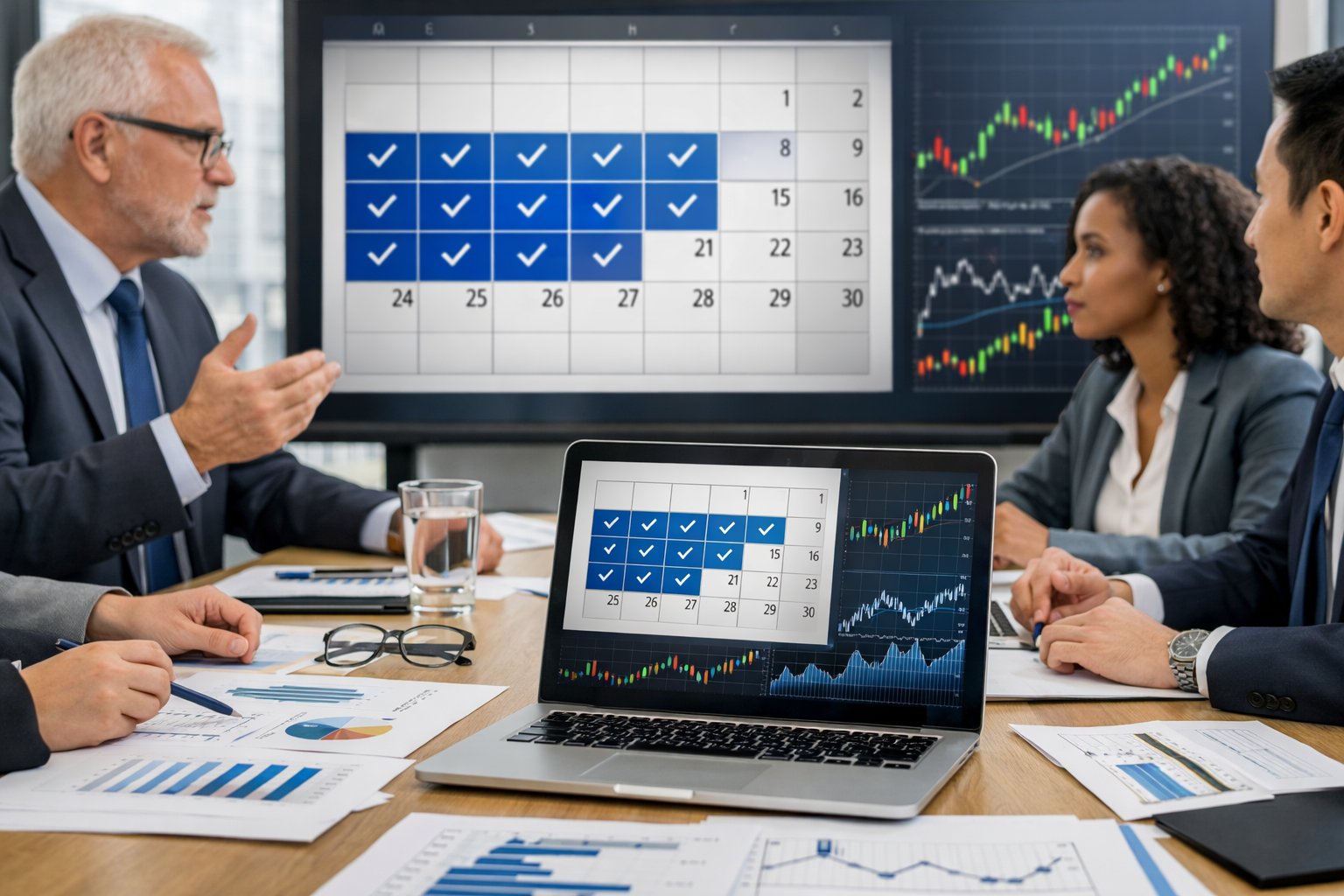 Des professionnels en réunion autour d'une table de conférence avec des graphiques financiers et un calendrier affichant les jours ouvrables.