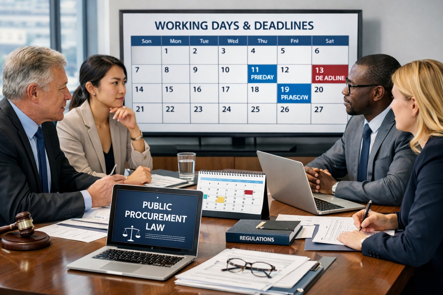 Un groupe de professionnels discutant autour d'une table de conférence avec des documents et un calendrier numérique en arrière-plan.