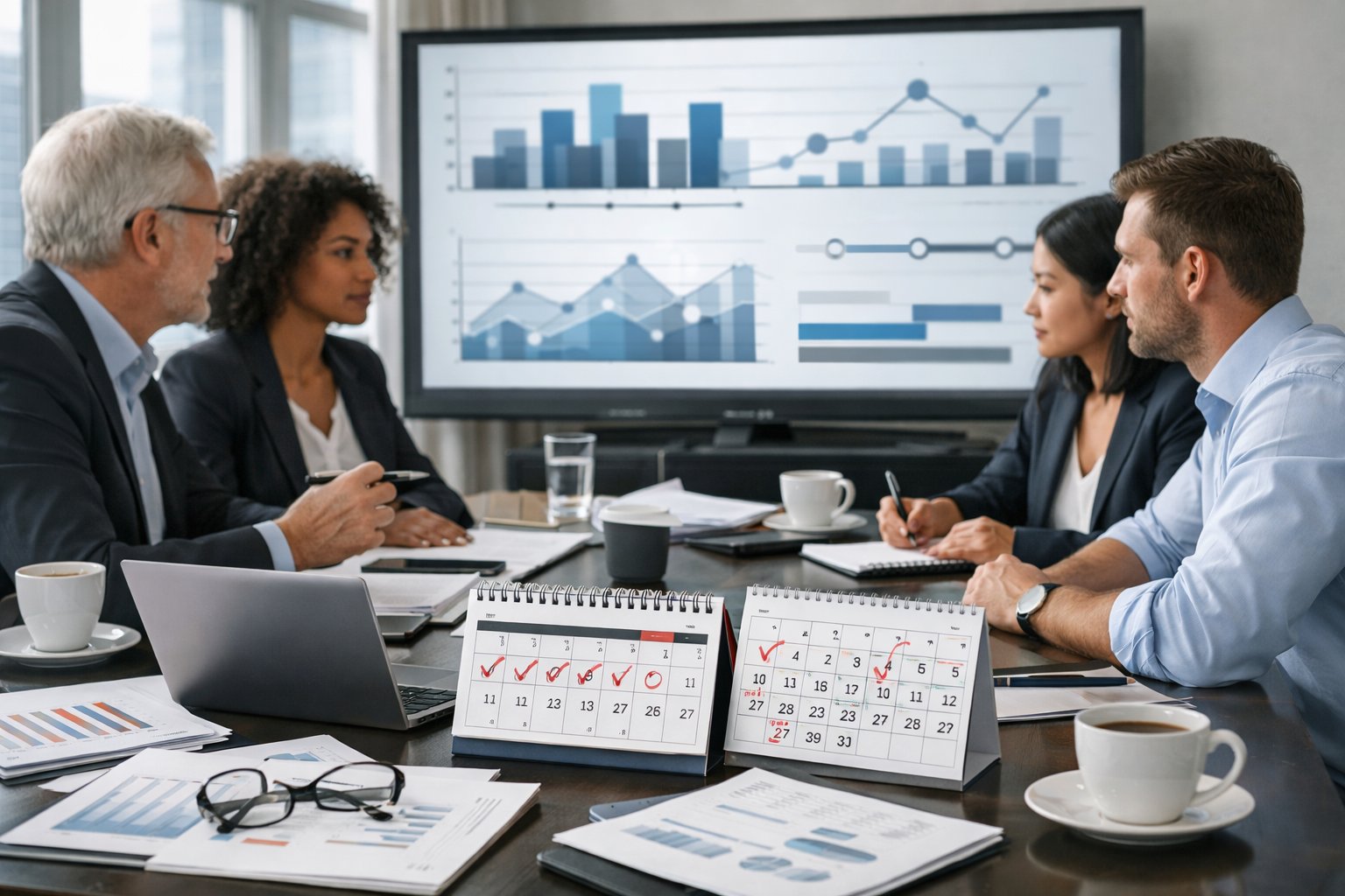 Des professionnels en réunion dans une salle de conférence lumineuse, examinant des documents et des calendriers marquant les jours ouvrables.