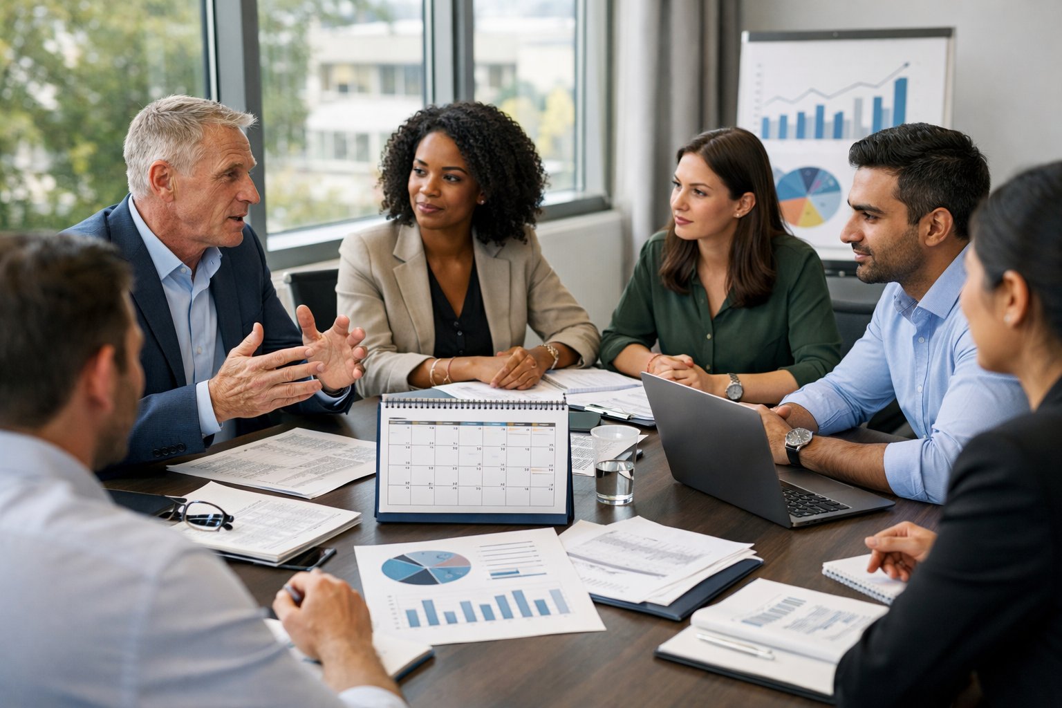 Des professionnels de la commande publique discutant autour d'une table de conférence avec des documents, des ordinateurs portables et un calendrier.