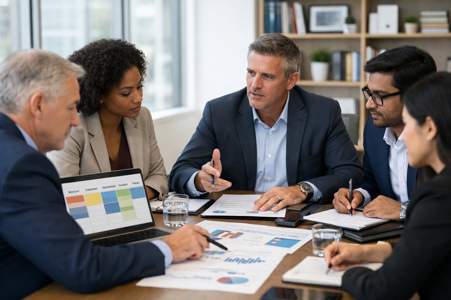 Un groupe de professionnels en réunion autour d'une table de conférence avec des ordinateurs portables et des documents, discutant des jours ouvrables et de leur impact sur les marchés publics.