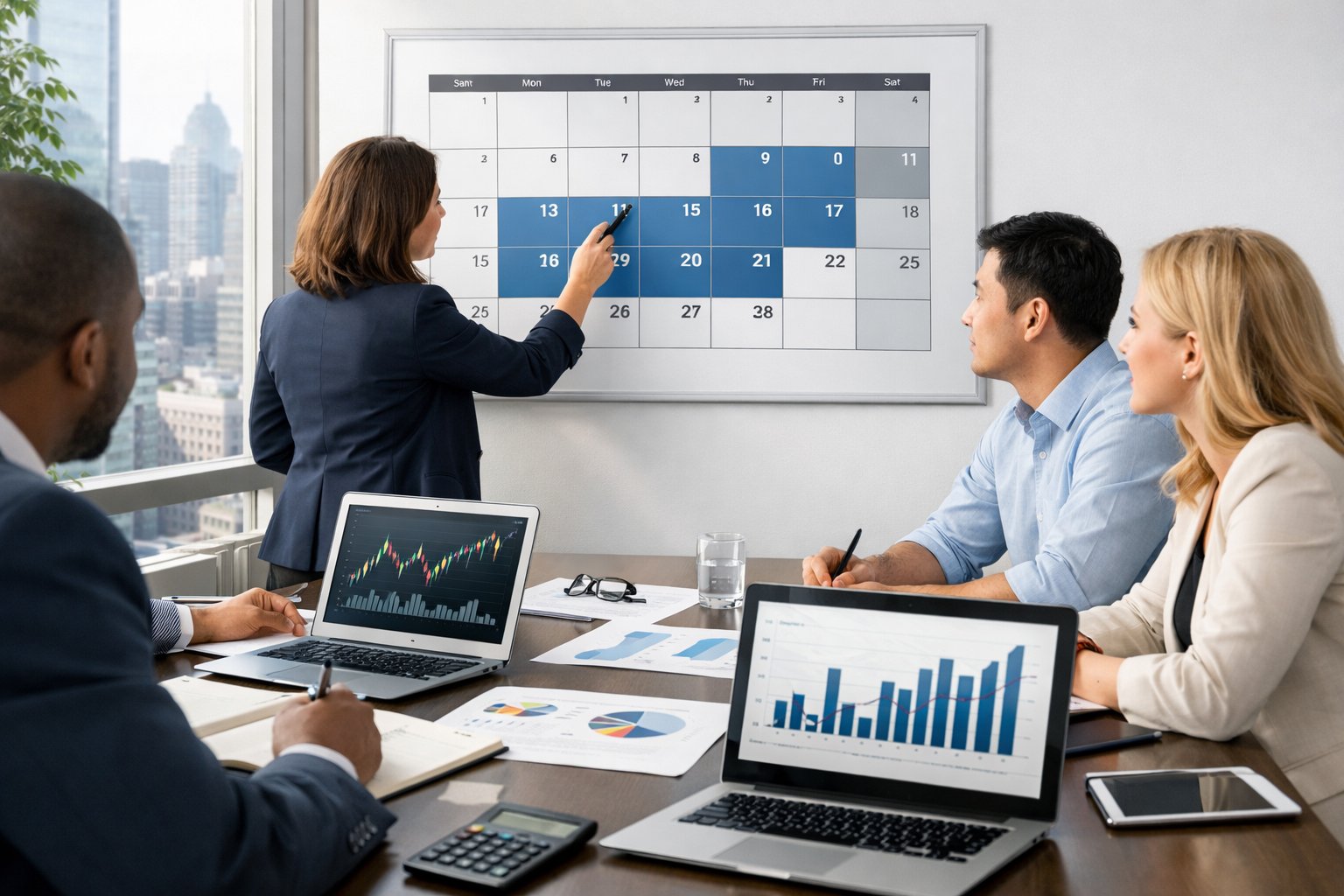 Des professionnels en réunion autour d'une table avec des calendriers, des documents et des ordinateurs, discutant du calcul des jours ouvrables dans une salle de conférence lumineuse.