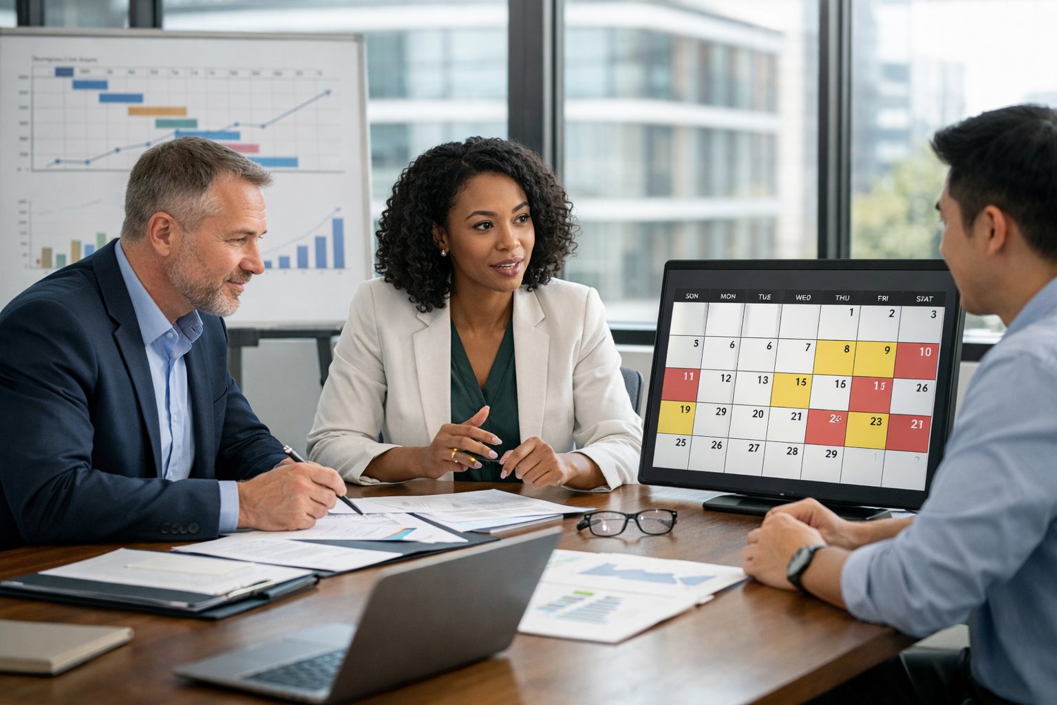 Des professionnels discutant autour d'une table de réunion avec des documents et un calendrier numérique, dans un bureau lumineux.