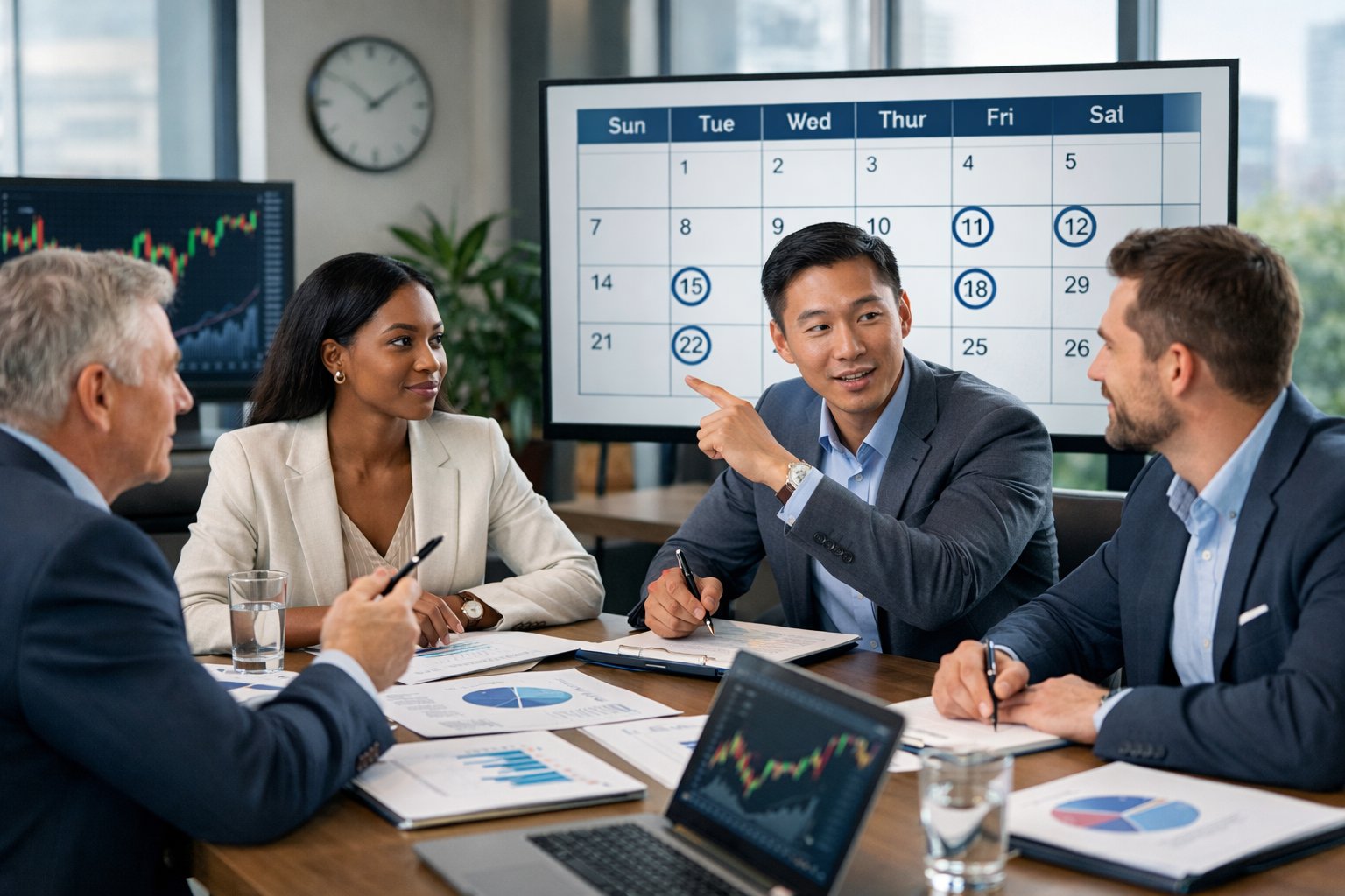 Un groupe de professionnels en réunion dans un bureau moderne, discutant autour d'une table avec des ordinateurs portables et des documents.