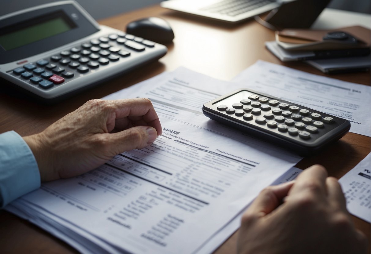 A person calculating and declaring self-assessed VAT for public procurement, with relevant paperwork and a calculator on a desk