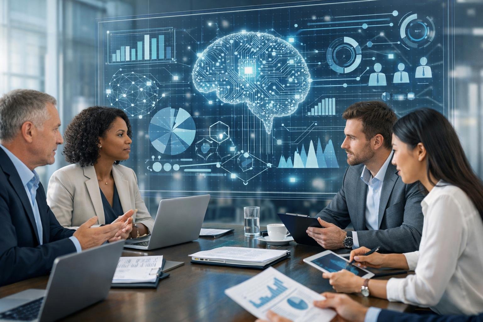 Des professionnels en réunion dans un bureau moderne avec des écrans affichant des graphiques liés à l’intelligence artificielle.