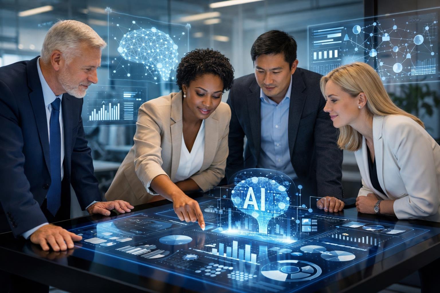 Des professionnels collaborant autour d'une table tactile numérique avec des visualisations de données et des interfaces holographiques représentant l'intelligence artificielle dans l'achat public.