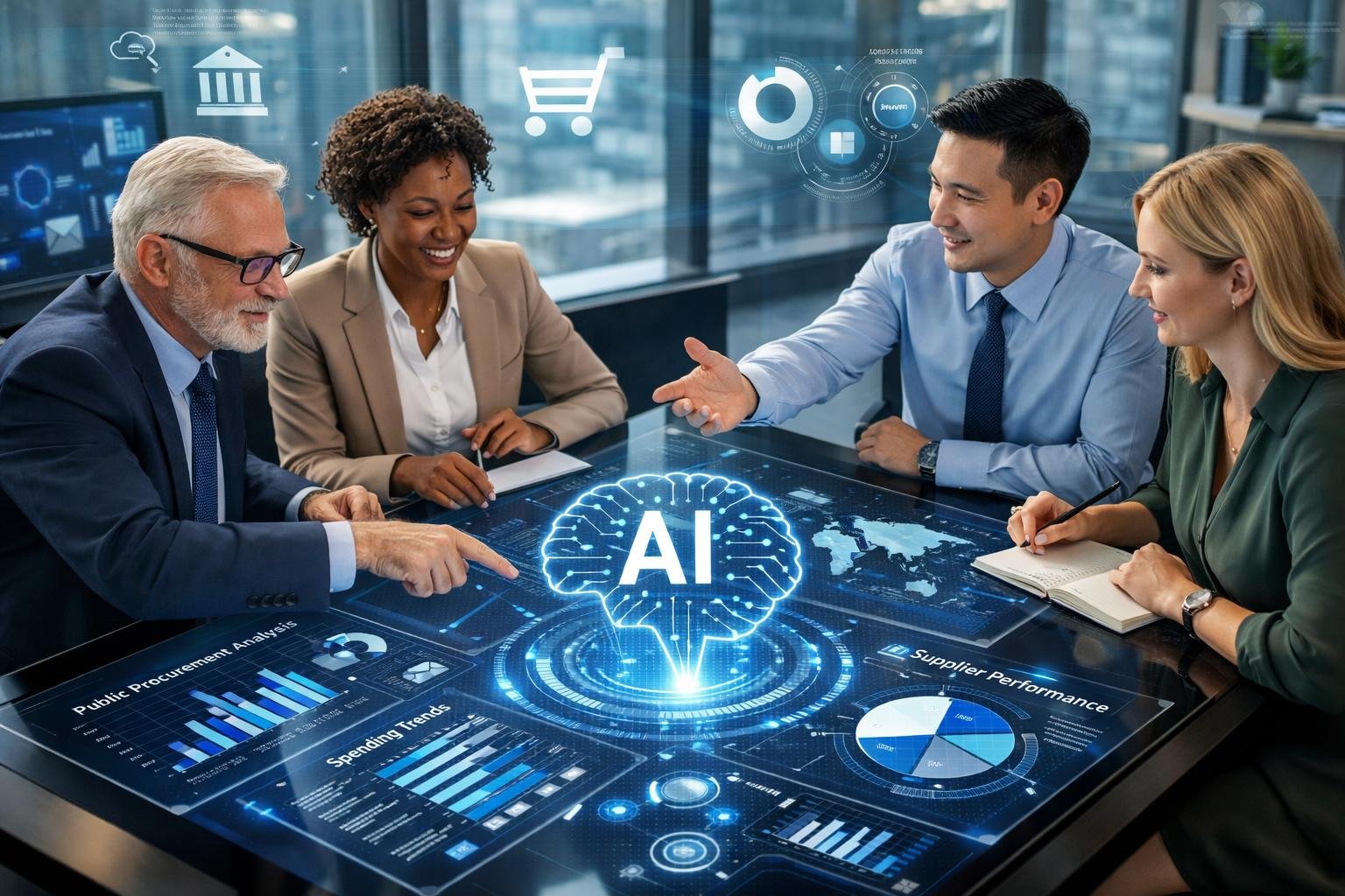 Des professionnels en réunion autour d'une table numérique affichant des données et graphiques liés à l'intelligence artificielle dans un bureau moderne.