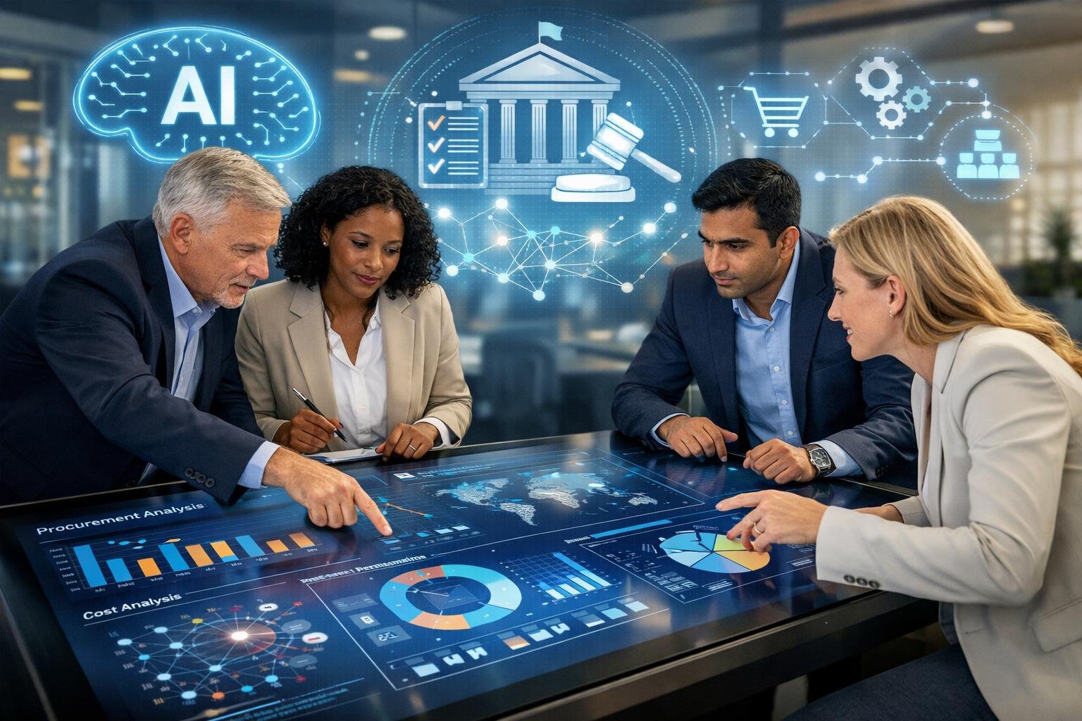Un groupe de professionnels collaborant autour d'une table numérique affichant des données et des graphiques liés à l'intelligence artificielle dans l'achat public.