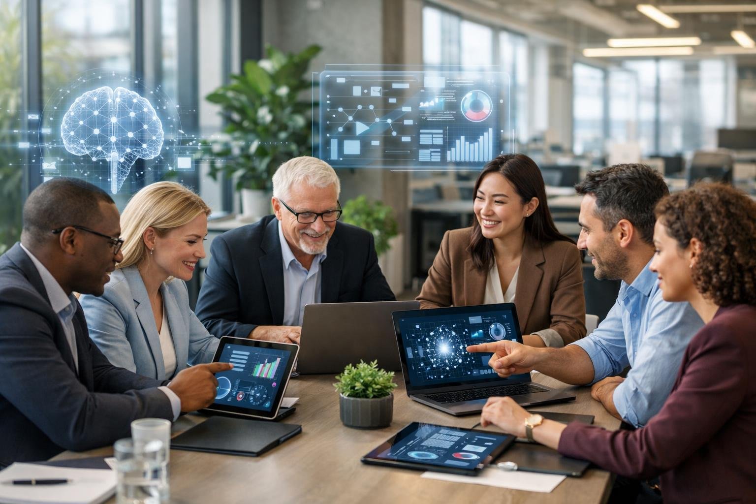 Des professionnels de l’achat public collaborant autour d’une table avec des appareils numériques affichant des données et des graphiques liés à l’intelligence artificielle.