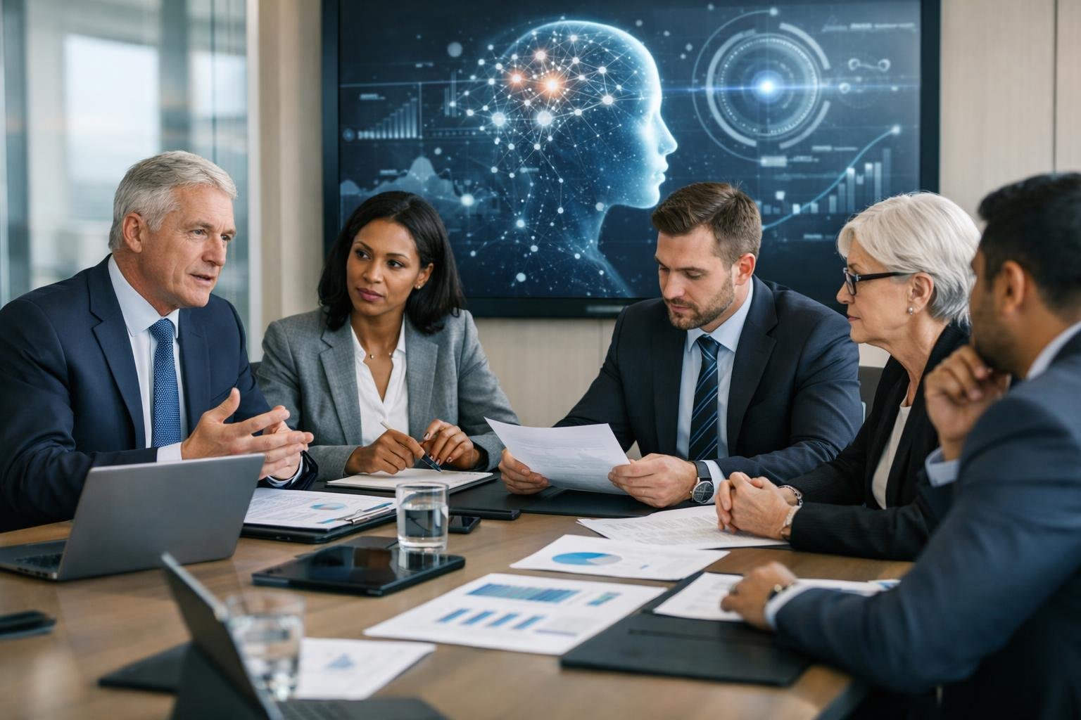 Un groupe de professionnels en réunion autour d'une table de conférence, discutant de stratégies liées à l'intelligence artificielle et à la gestion des risques dans le domaine des achats publics.
